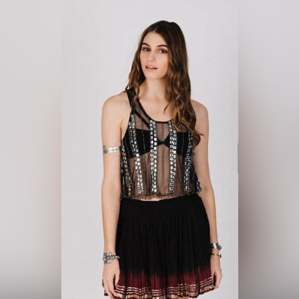 RAGA Jeweled Black Sheer Hard Rock Crop Top XS Small or Medium